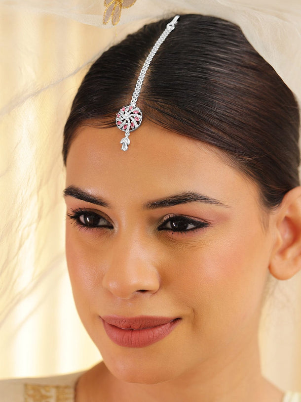 Rubans Rhodium-Plated Pink and White Cubic Zirconia Maang Tikka Head Jewellery