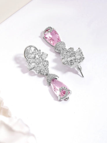 Rubans Rhodium-Plated Pink Crystal & Cubic Zirconia Studded Drop Earrings Earrings