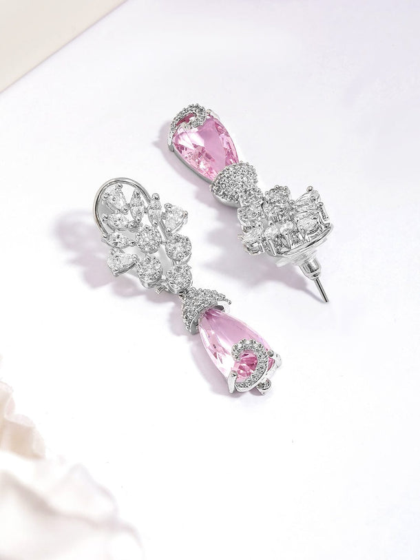 Rubans Rhodium-Plated Pink Crystal & Cubic Zirconia Studded Drop Earrings Earrings