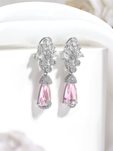 Rubans Rhodium-Plated Pink Crystal & Cubic Zirconia Studded Drop Earrings Earrings