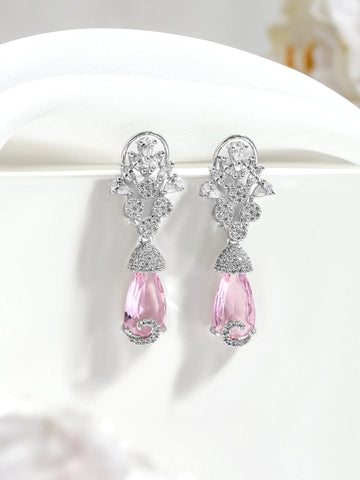 Rubans Rhodium-Plated Pink Crystal & Cubic Zirconia Studded Drop Earrings Earrings