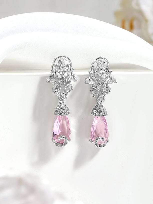 Rubans Rhodium-Plated Pink Crystal & Cubic Zirconia Studded Drop Earrings Earrings