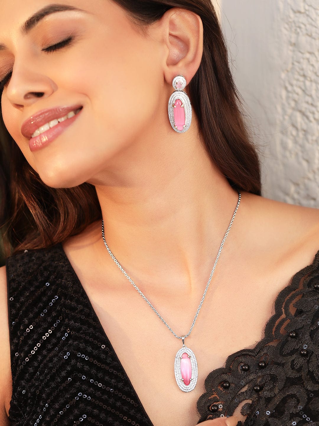 Rubans Rhodium plated Pink Crystal Zirconia studded Statement pendant Set Jewellery Sets