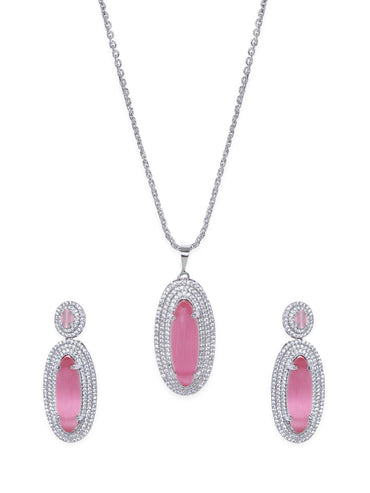 Rubans Rhodium plated Pink Crystal Zirconia studded Statement pendant Set Jewellery Sets