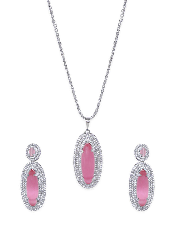 Rubans Rhodium plated Pink Crystal Zirconia studded Statement pendant Set Jewellery Sets