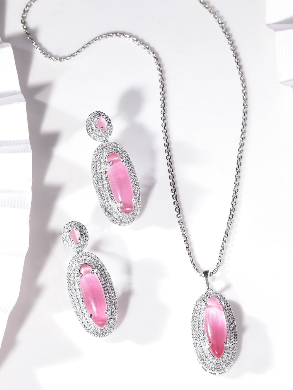 Rubans Rhodium plated Pink Crystal Zirconia studded Statement pendant Set Jewellery Sets