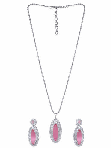 Rubans Rhodium plated Pink Crystal Zirconia studded Statement pendant Set Jewellery Sets