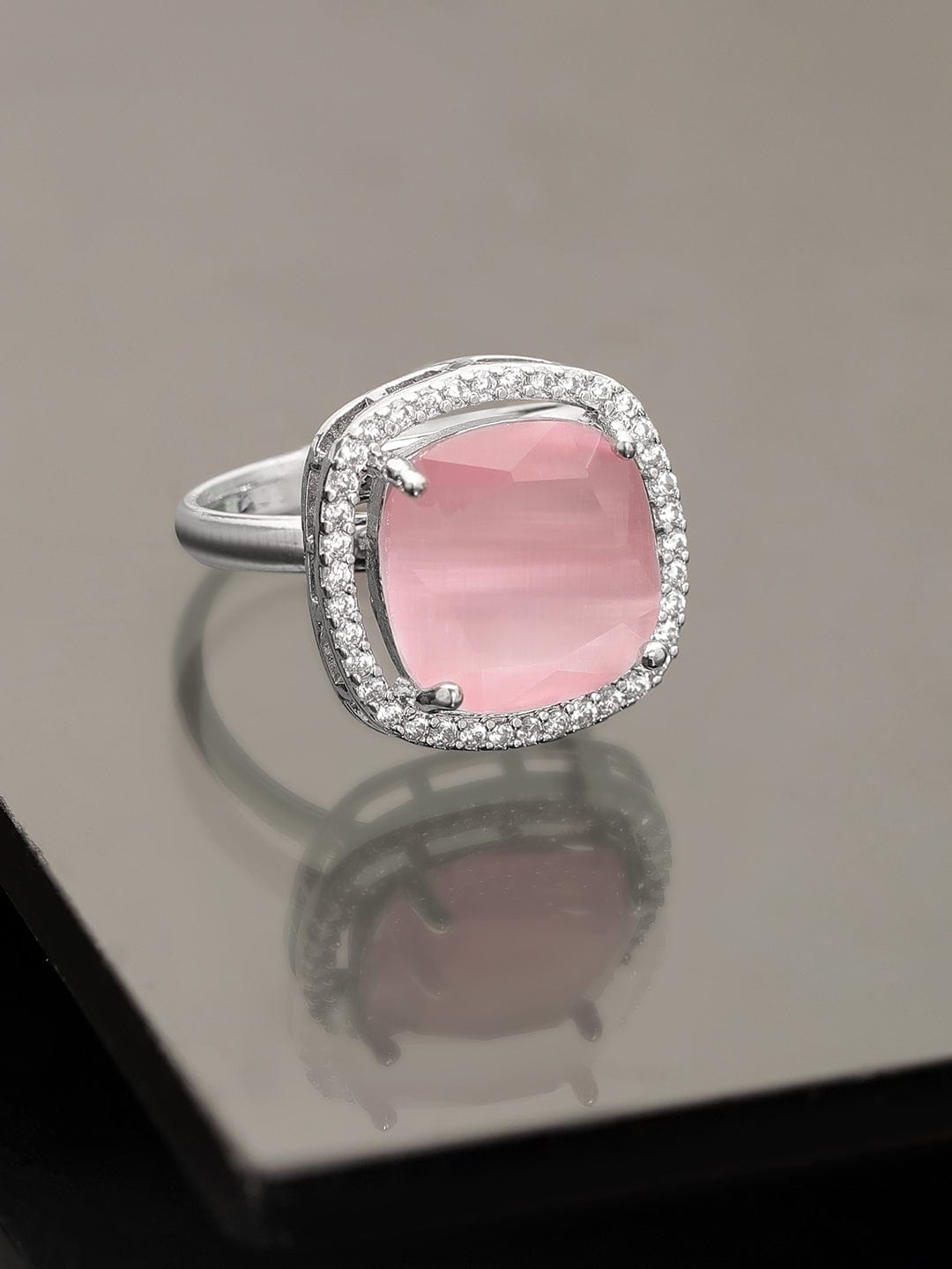 Rubans Rhodium plated Pink Cushion Cut zirconia studded Classy ring Rings