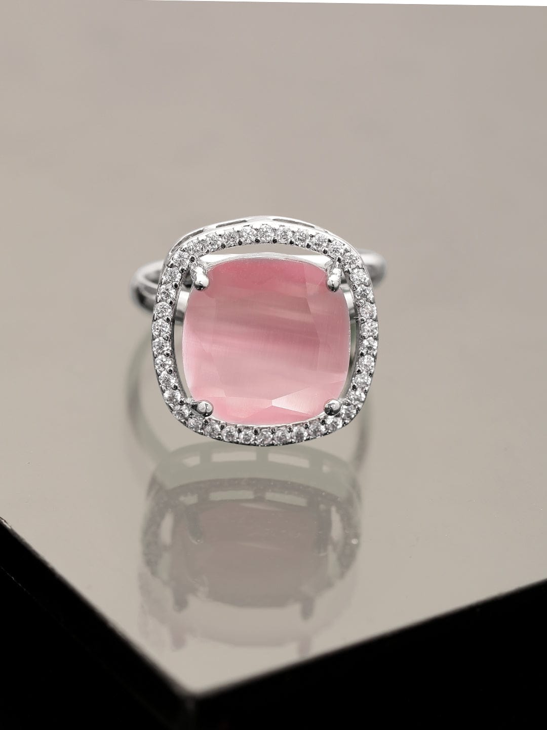 Rubans Rhodium plated Pink Cushion Cut zirconia studded Classy ring Rings