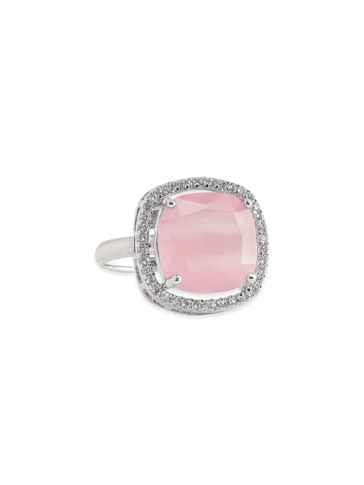 Rubans Rhodium plated Pink Cushion Cut zirconia studded Classy ring Rings