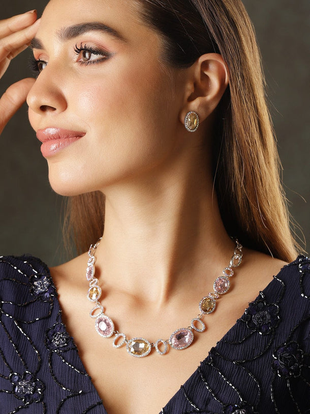 Rubans Rhodium Plated Pink & Golden Oval Cubic Zirconia Studded Statement Necklace Set Jewellery Set