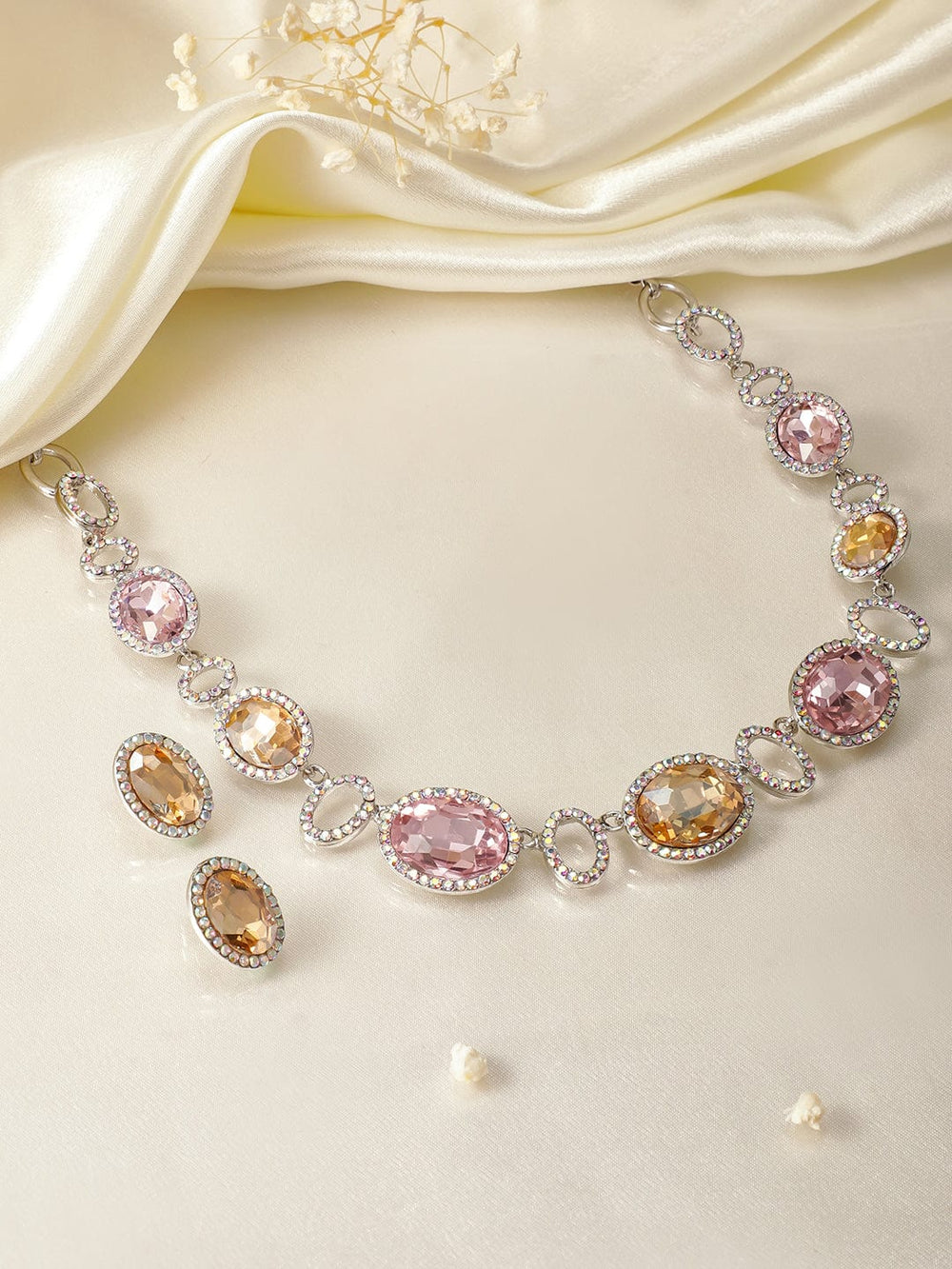 Rubans Rhodium Plated Pink & Golden Oval Cubic Zirconia Studded Statement Necklace Set Necklace Set