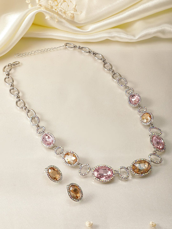 Rubans Rhodium Plated Pink & Golden Oval Cubic Zirconia Studded Statement Necklace Set Necklace Set