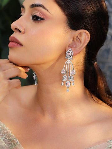 Rubans Rhodium-Plated Pink Sapphire & Cubic Zirconia Studded Dangle Earrings Earrings