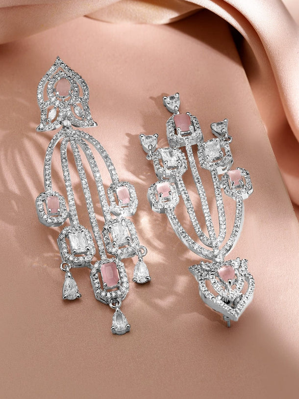 Rubans Rhodium-Plated Pink Sapphire & Cubic Zirconia Studded Dangle Earrings Earrings