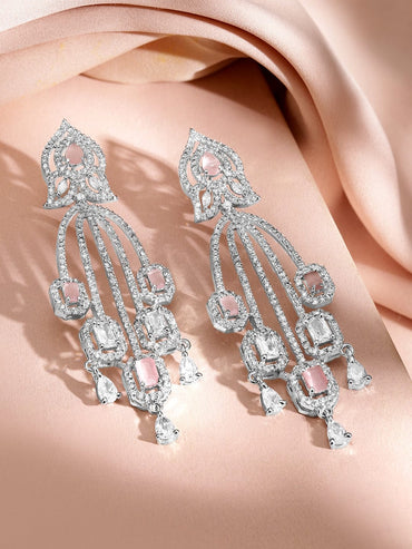 Rubans Rhodium-Plated Pink Sapphire & Cubic Zirconia Studded Dangle Earrings Earrings