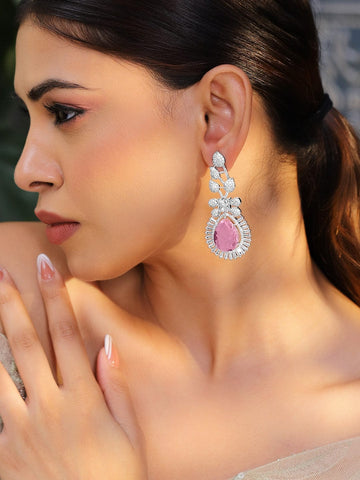 Rubans Rhodium-Plated Pink Sapphire & Cubic Zirconia Studded Statement Drop Earrings Earrings