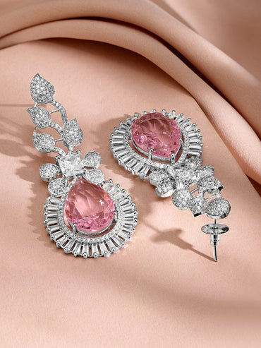Rubans Rhodium-Plated Pink Sapphire & Cubic Zirconia Studded Statement Drop Earrings Earrings