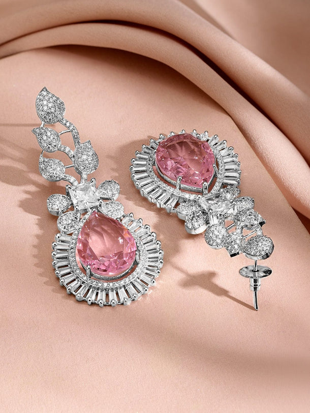 Rubans Rhodium-Plated Pink Sapphire & Cubic Zirconia Studded Statement Drop Earrings Earrings
