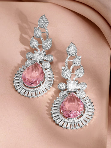 Rubans Rhodium-Plated Pink Sapphire & Cubic Zirconia Studded Statement Drop Earrings Earrings