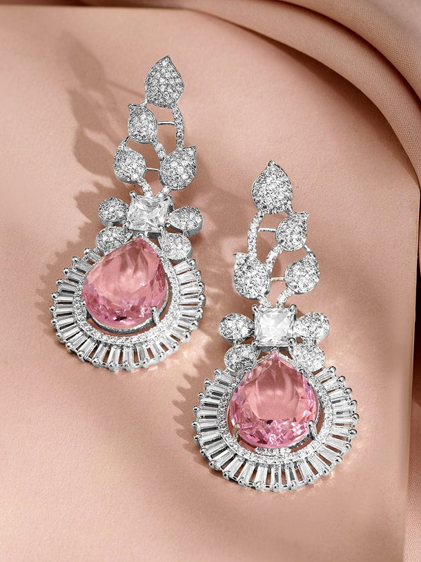 Rubans Rhodium-Plated Pink Sapphire & Cubic Zirconia Studded Statement Drop Earrings Earrings