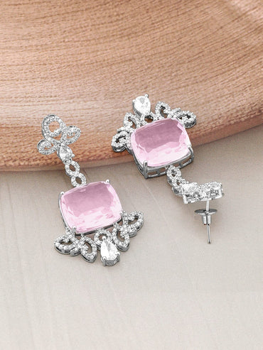 Rubans Rhodium-Plated Pink Sapphire & White CubicZirconia Studded Link Chain Jewellery Set Jewellery Set