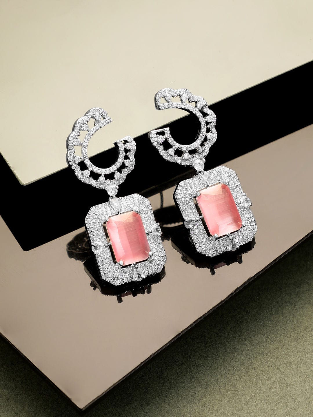 Rubans Rhodium plated Pink Zirconia Contemprory Dangle earrings Earrings