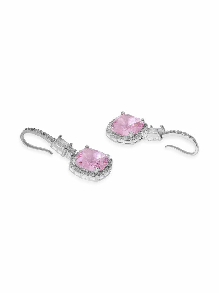 Rubans Rhodium Plated Pink Zirconia Cushion Cut Classy Drop Earring Earrings