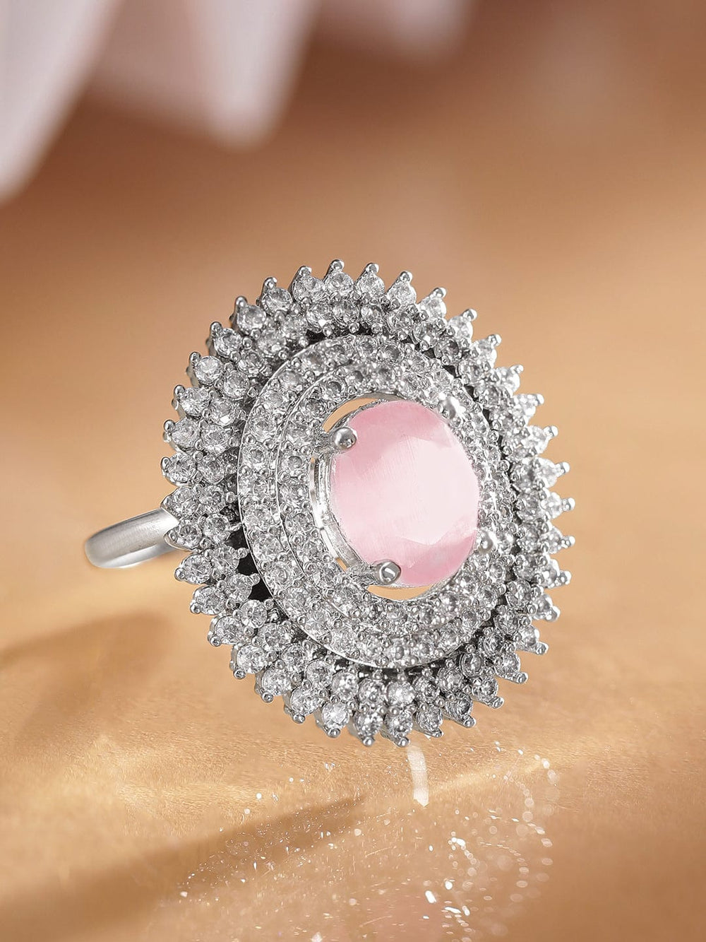 Rubans Rhodium plated Pink zirconia Pave studded Statement Classy Ring Rings