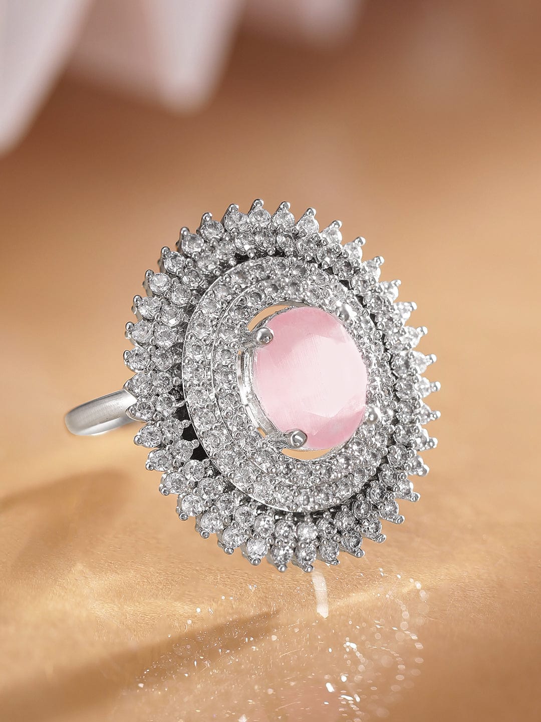 Rubans Rhodium plated Pink zirconia Pave studded Statement Classy Ring Rings