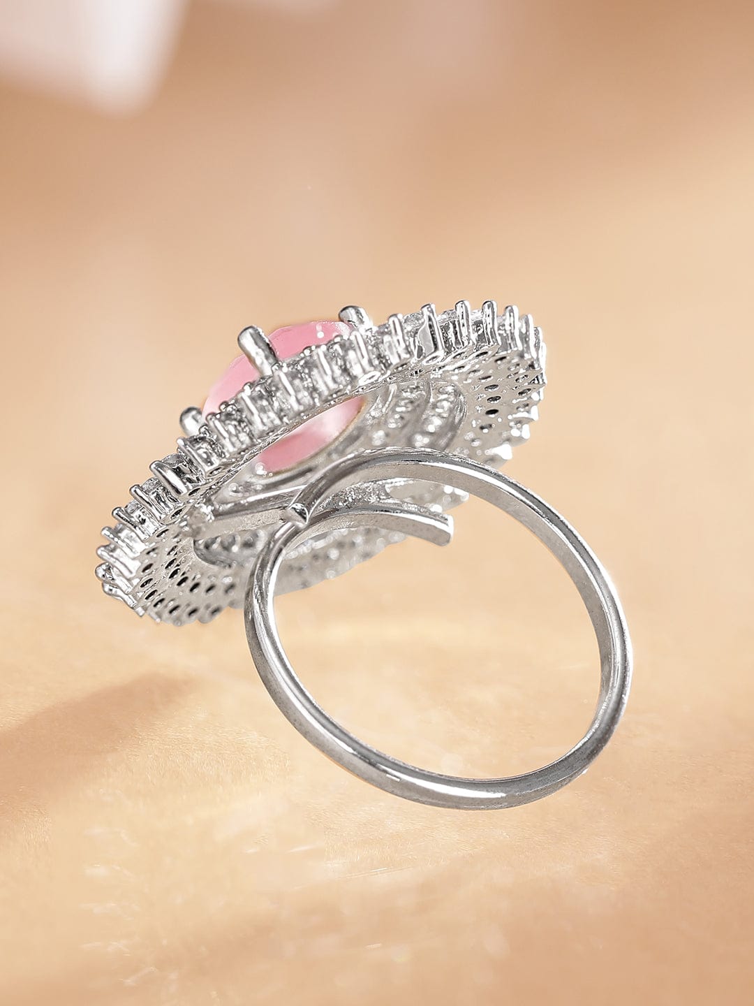 Rubans Rhodium plated Pink zirconia Pave studded Statement Classy Ring Rings