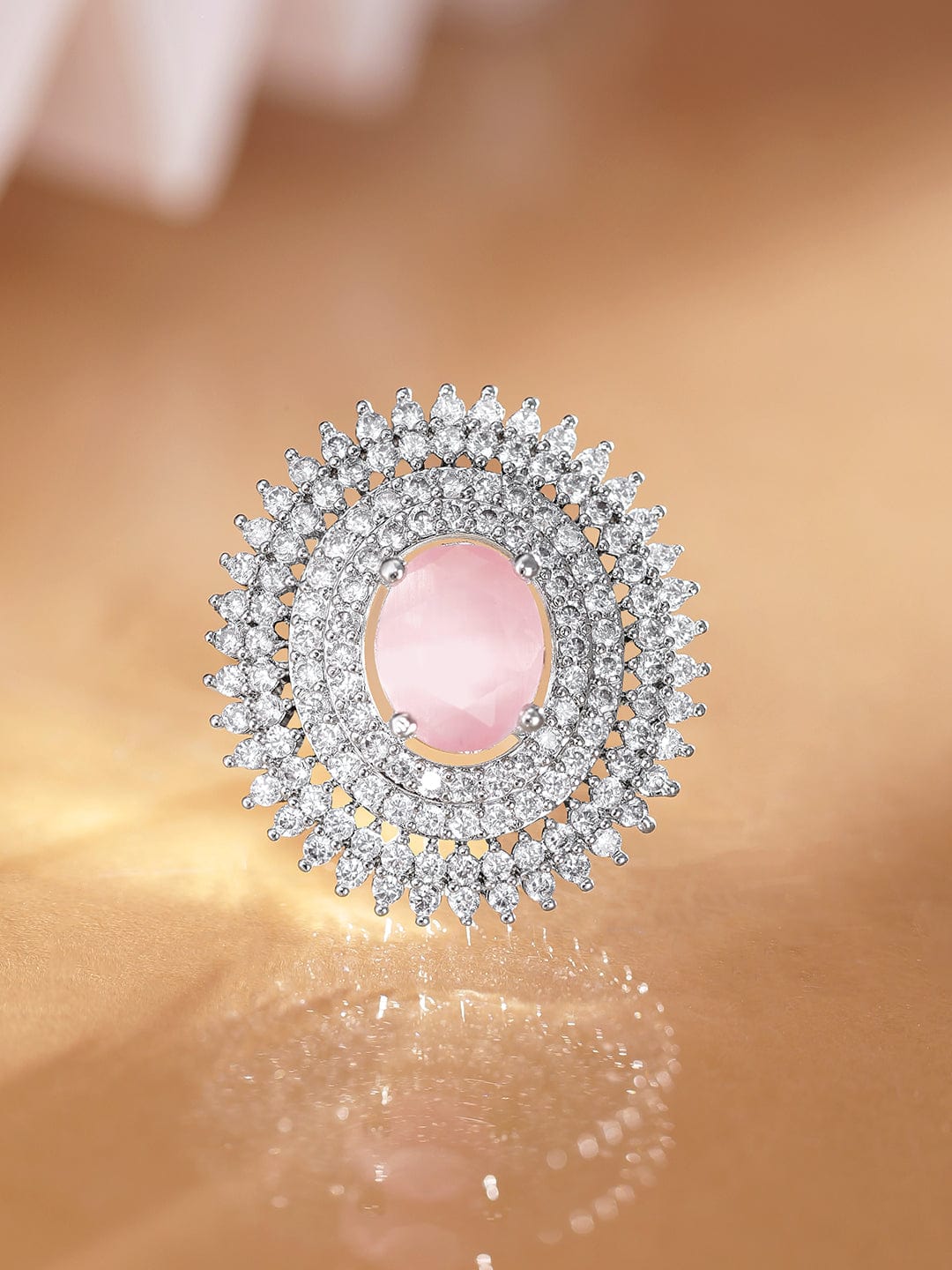 Rubans Rhodium plated Pink zirconia Pave studded Statement Classy Ring Rings