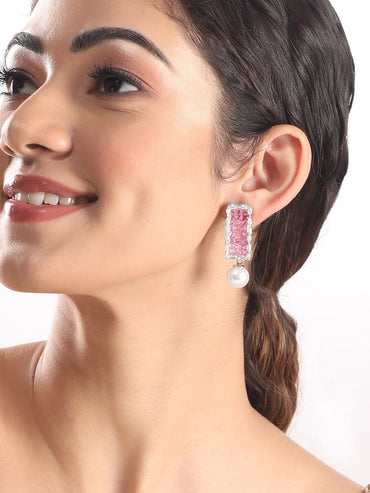 Rubans Rhodium Plated Pink Zirconia & Pearl Dangle Earrings Earrings