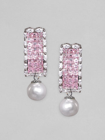 Rubans Rhodium Plated Pink Zirconia & Pearl Dangle Earrings Earrings