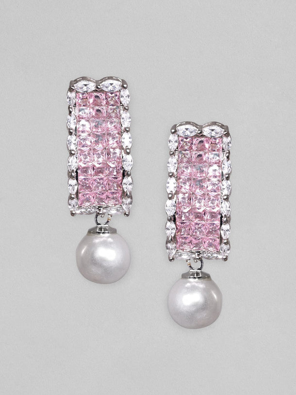 Rubans Rhodium Plated Pink Zirconia & Pearl Dangle Earrings Earrings
