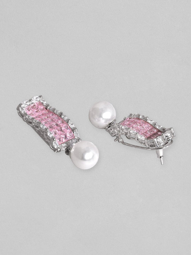 Rubans Rhodium Plated Pink Zirconia & Pearl Dangle Earrings Earrings