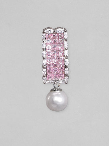 Rubans Rhodium Plated Pink Zirconia & Pearl Dangle Earrings Earrings