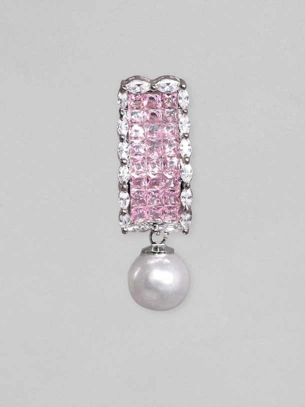 Rubans Rhodium Plated Pink Zirconia & Pearl Dangle Earrings Earrings