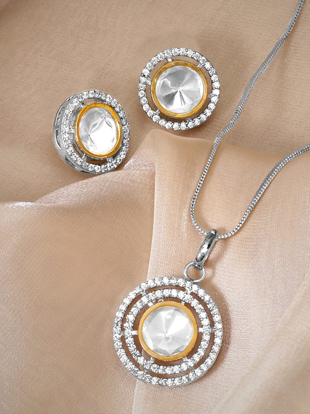 Rubans Rhodium Plated Polki & Zirconia Studded Minimal Pendant Set Necklace Set