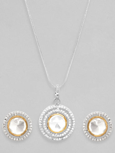 Rubans Rhodium Plated Polki & Zirconia Studded Minimal Pendant Set Necklace Set