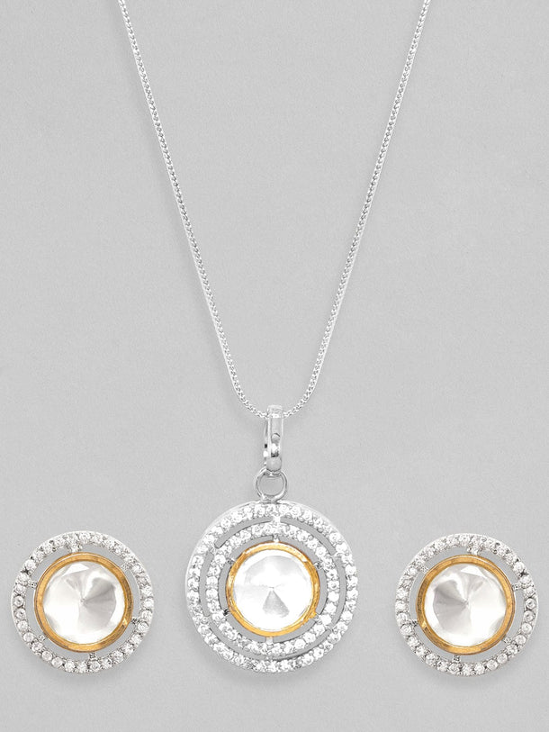 Rubans Rhodium Plated Polki & Zirconia Studded Minimal Pendant Set Necklace Set