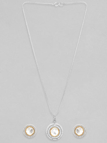 Rubans Rhodium Plated Polki & Zirconia Studded Minimal Pendant Set Necklace Set