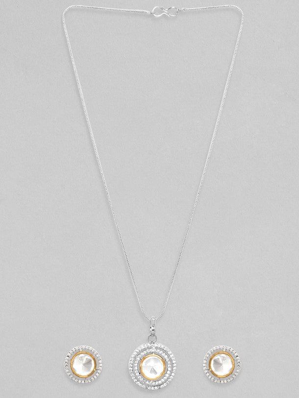 Rubans Rhodium Plated Polki & Zirconia Studded Minimal Pendant Set Necklace Set