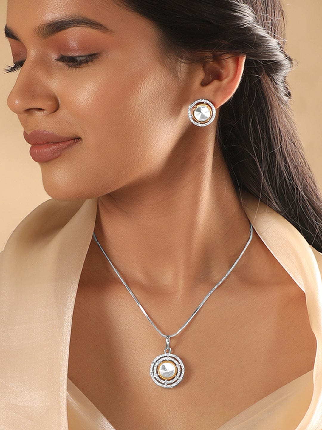 Rubans Rhodium Plated Polki & Zirconia Studded Minimal Pendant Set Necklaces, Necklace Sets, Chains & Mangalsutra