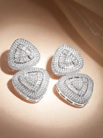 Rubans Rhodium Plated Premium AAA Crystal & Cubic Zirconia Studded Triangular Drop Earrings Earrings