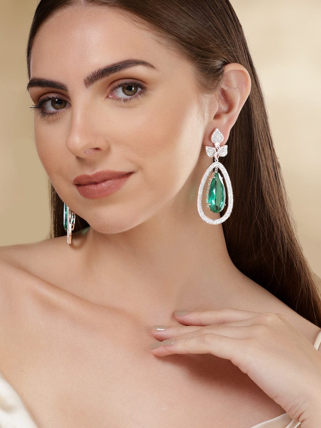 Rubans Rhodium Plated Premium Emerald Zircons Studded Dangle Earring Earrings