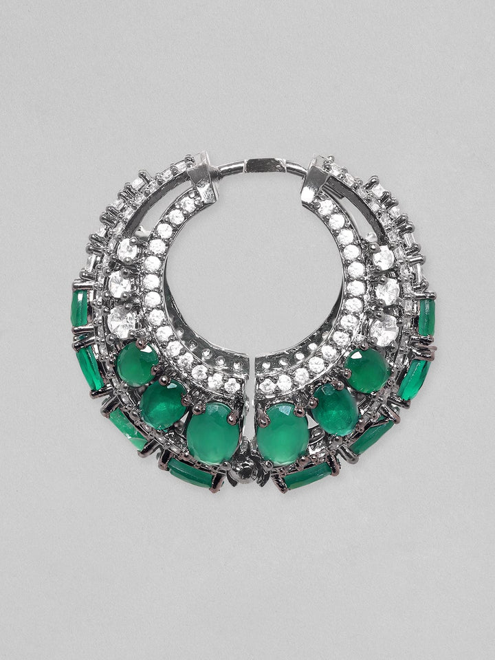 Rubans Rhodium Plated Premium Green Zircons Studded Party Wear Hoop Earrings Earrings