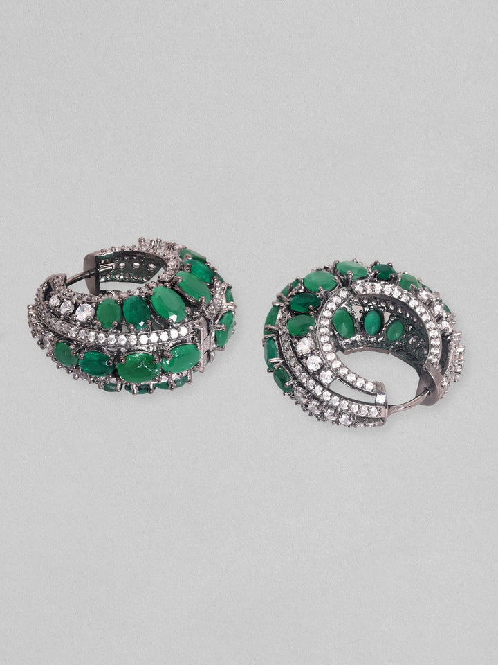 Rubans Rhodium Plated Premium Green Zircons Studded Party Wear Hoop Earrings Earrings