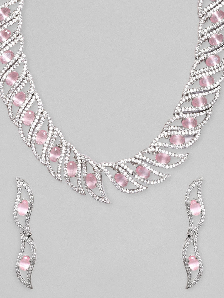 Rubans Rhodium Plated Premium Pink Zircons Studded Necklace Set Necklace Set