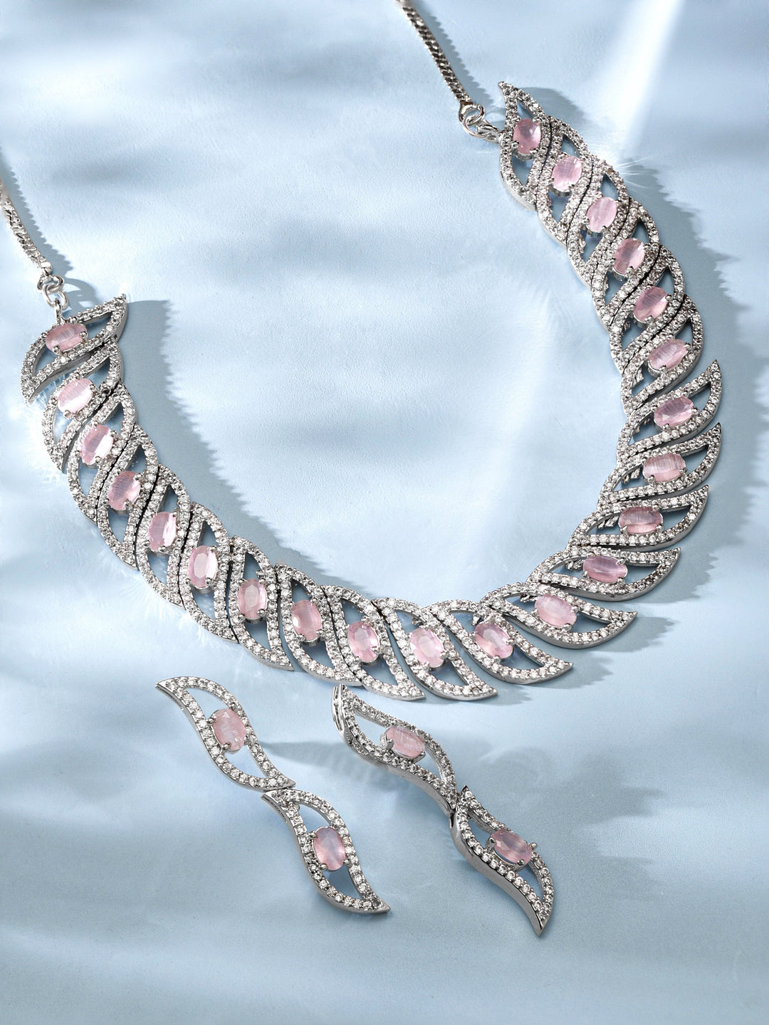 Rubans Rhodium Plated Premium Pink Zircons Studded Necklace Set Necklaces, Necklace Sets, Chains & Mangalsutra